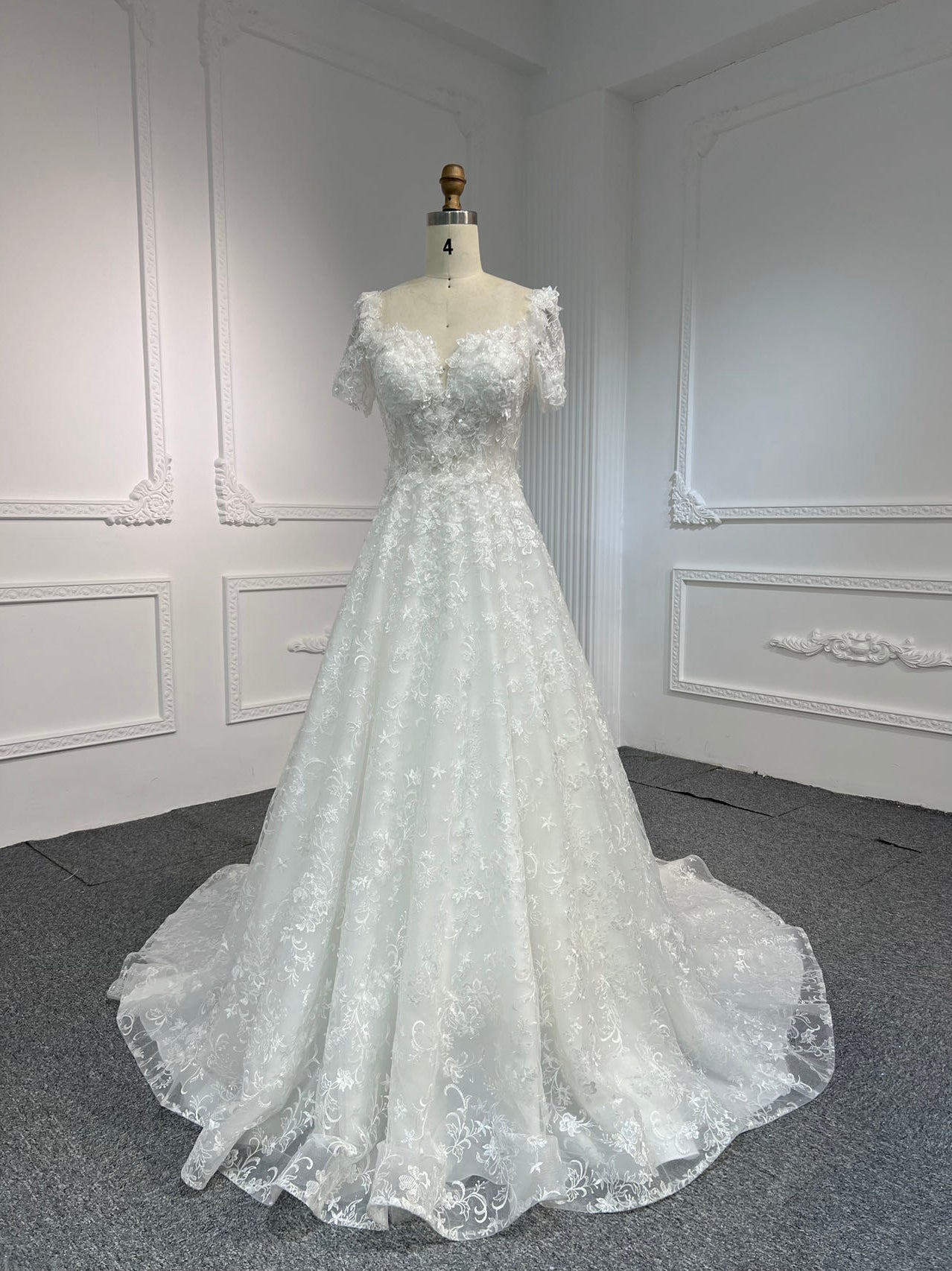 BYG#Y2325 Short-sleeved 3D lace flowers, luxurious beading, A-line