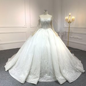 BYG-#Z307-Long-sleeved one-shoulder princess-style luxurious 3D lace embroidery main wedding dress with big trailing tail