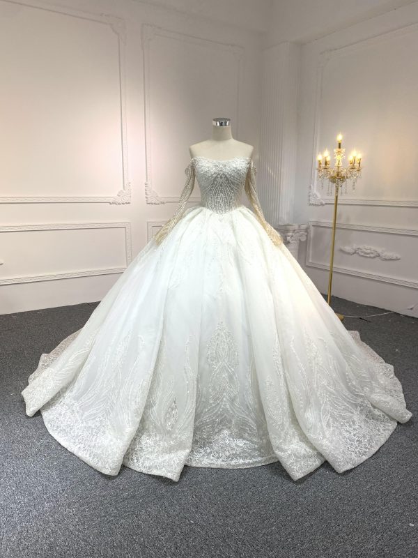 BYG-#Z307-Long-sleeved one-shoulder princess-style luxurious 3D lace embroidery main wedding dress with big trailing tail