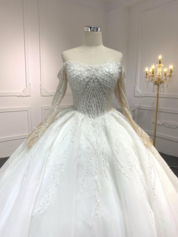 BYG-#Z307-Long-sleeved one-shoulder princess-style luxurious 3D lace embroidery main wedding dress with big trailing tail - Image 2