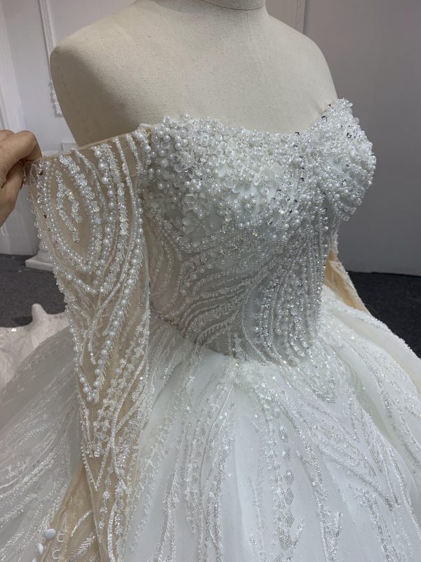 BYG-#Z307-Long-sleeved one-shoulder princess-style luxurious 3D lace embroidery main wedding dress with big trailing tail - Image 3