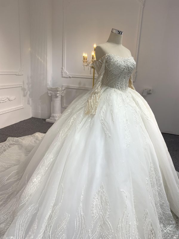 BYG-#Z307-Long-sleeved one-shoulder princess-style luxurious 3D lace embroidery main wedding dress with big trailing tail - Image 4