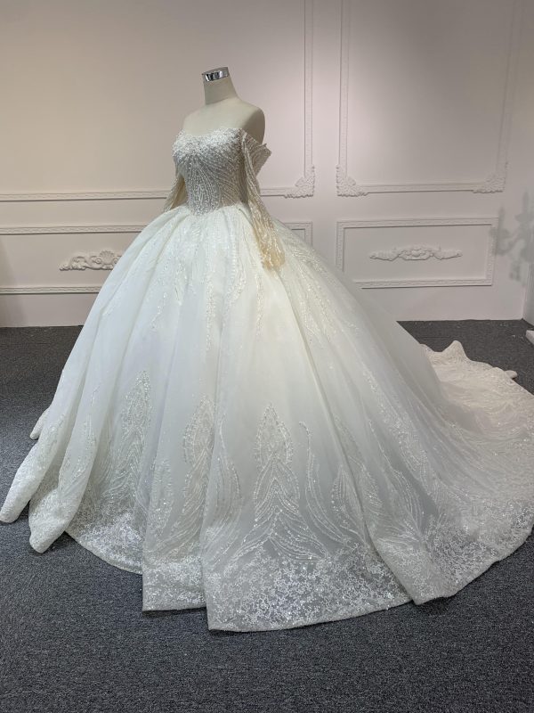 BYG-#Z307-Long-sleeved one-shoulder princess-style luxurious 3D lace embroidery main wedding dress with big trailing tail - Image 7