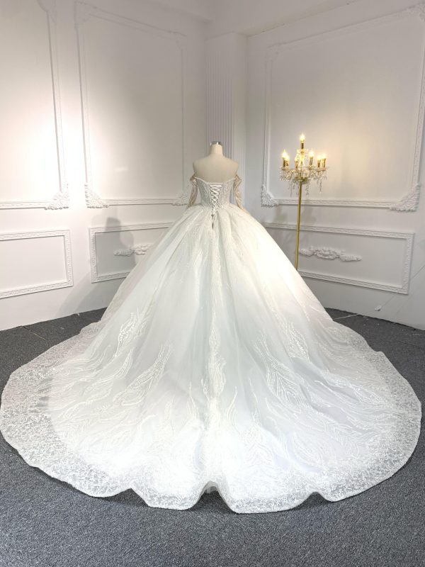 BYG-#Z307-Long-sleeved one-shoulder princess-style luxurious 3D lace embroidery main wedding dress with big trailing tail - Image 5