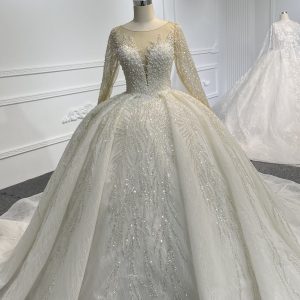 29811- BYG Long sleeve illusion tulle beadings and sequins ballgown