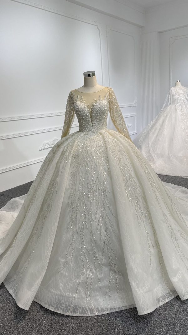 29811- BYG Long sleeve illusion tulle beadings and sequins ballgown