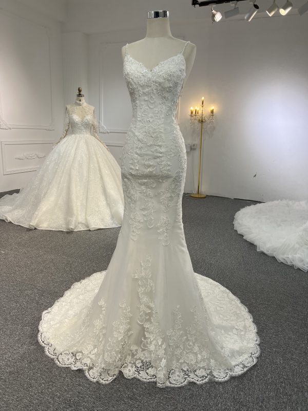 BYG-#F5203-Sexy suspender mermaid handmade lace beaded wedding dress