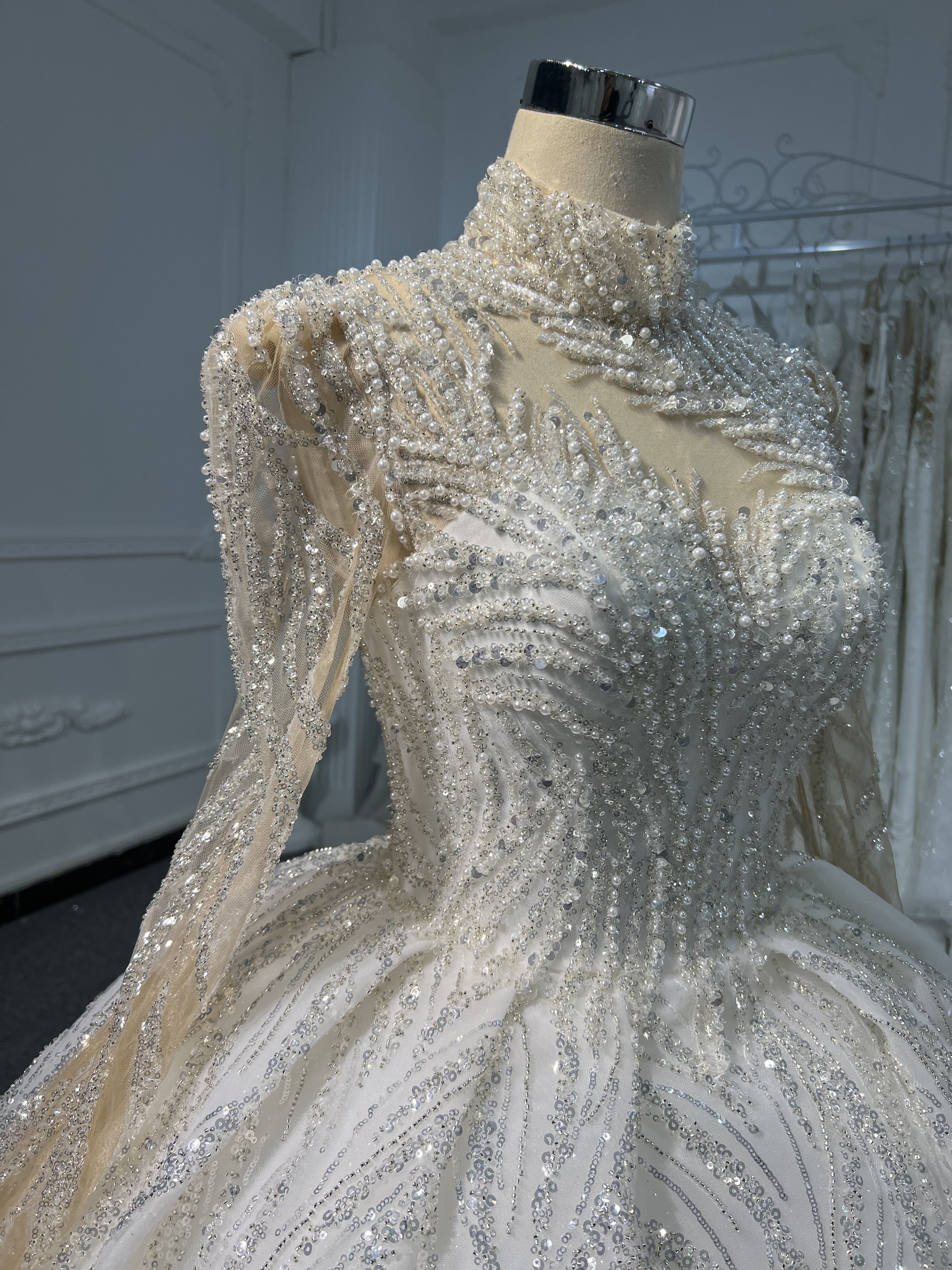 BYG-#Z302-Long-sleeved high-neck hand-beaded sequins large trailing tutu skirt wedding dress - Image 2