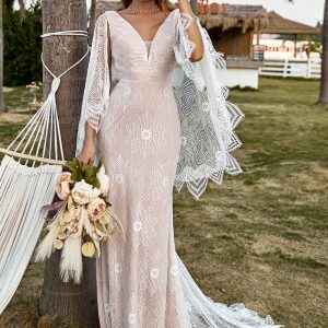 BYG-12 Deep V-neck, bat sleeves, slim fit mermaid wedding dress, high-end lace appliqués