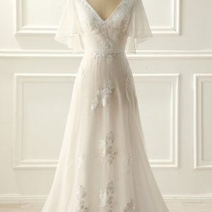 BYG-15 Deep V neckline, ruffled sleeves, lace appliqués,A-line wedding dress
