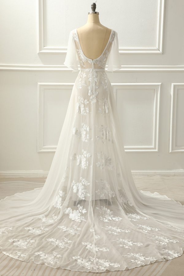 BYG-15 Deep V neckline, ruffled sleeves, lace appliqués,A-line wedding dress - Image 2