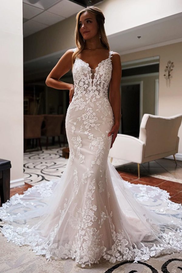 BYG-18 V-neck, sleeveless, lace appliqué, mermaid dress