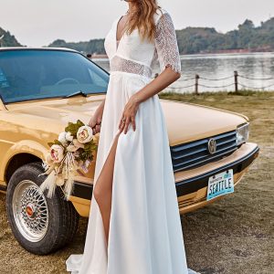 BYG-1 Deep V-neck evening gown, mid-sleeves