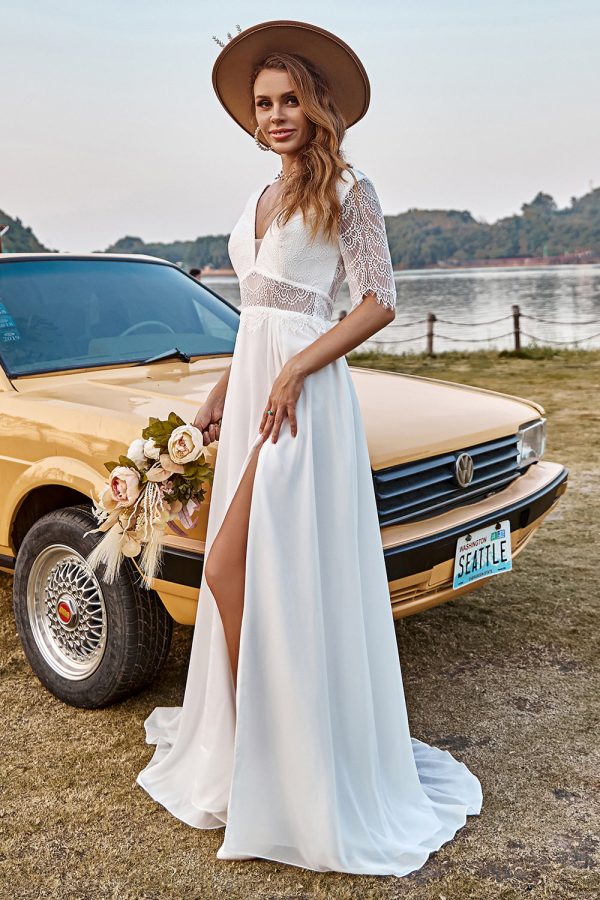 BYG-1 Deep V-neck evening gown, mid-sleeves