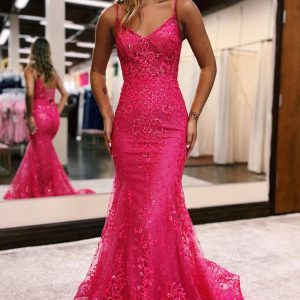 BYG-23 Mermaid evening dress with deep V neckline and spaghetti straps