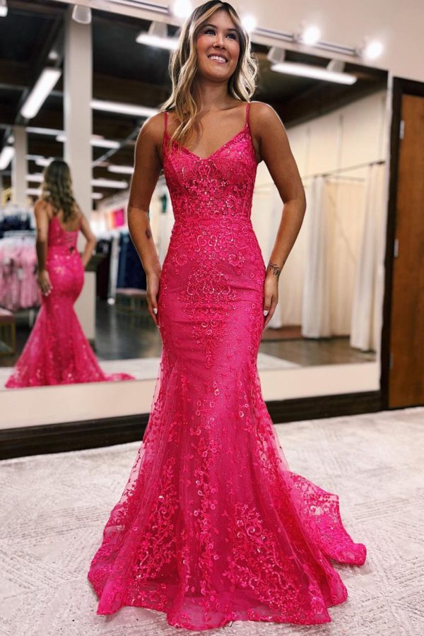 BYG-23 Mermaid evening dress with deep V neckline and spaghetti straps