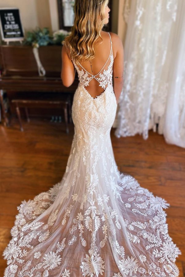 BYG-25 Deep V Neckline Premium Lace Appliqué Mermaid Wedding Dress - Image 2