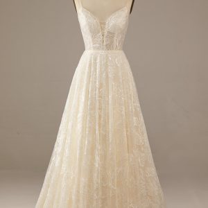 BYG-29 Spaghetti straps, deep V neckline, premium lace appliqués ,A-LINE dress