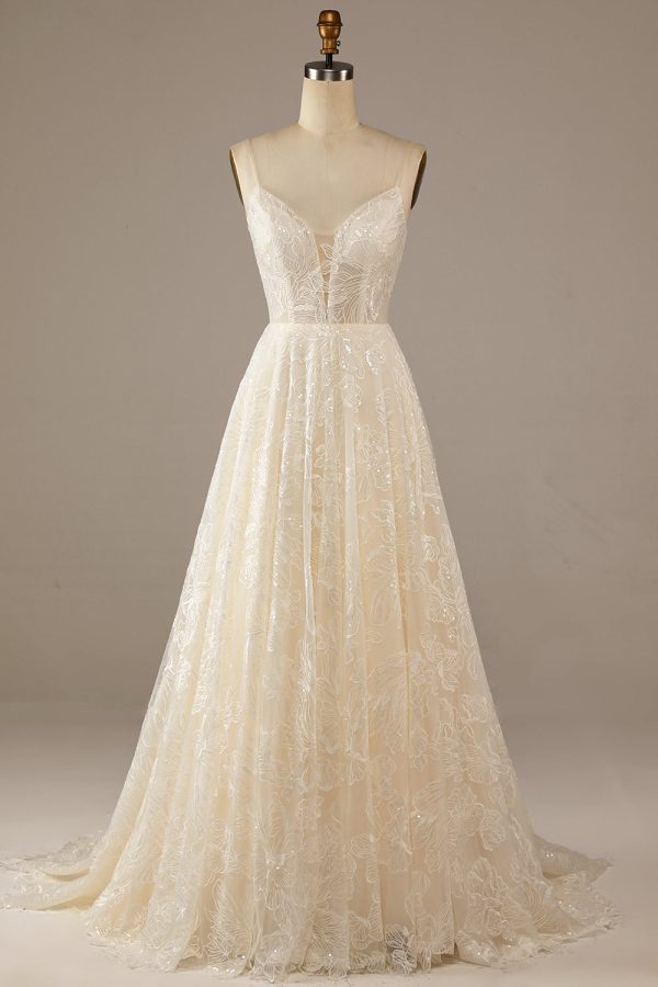 BYG-29 Spaghetti straps, deep V neckline, premium lace appliqués ,A-LINE dress