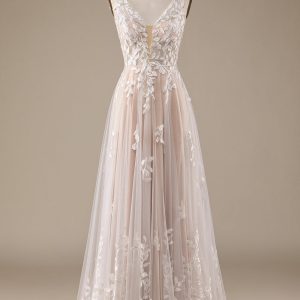 BYG-2  Premium Lace Appliqu   Deep V Sleeveless Wedding Dress