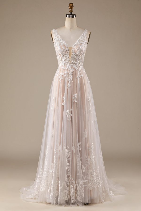 BYG-2  Premium Lace Appliqu   Deep V Sleeveless Wedding Dress