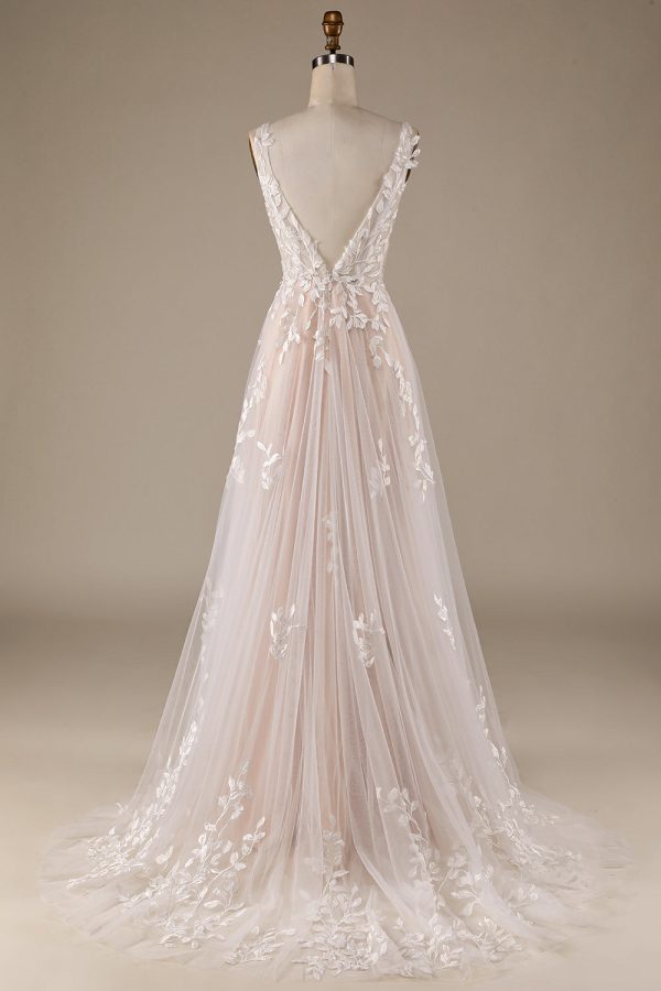 BYG-2  Premium Lace Appliqu   Deep V Sleeveless Wedding Dress - Image 2