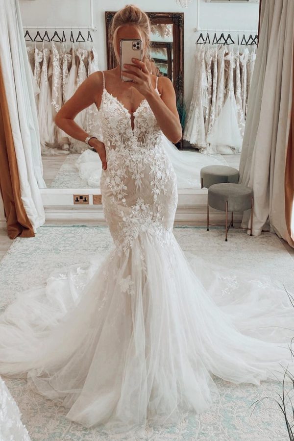 BYG-31 Spaghetti straps, deep V neckline, mermaid dress