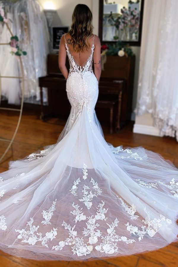BYG-32 Deep V neckline, premium lace appliqués, mermaid wedding dress - Image 2