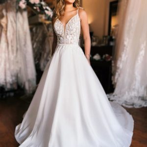 BYG-35 Deep V neckline, high-end lace appliqués, A-line wedding dress