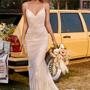 BYG-3 Deep V suspender appliqu   lace mermaid dress