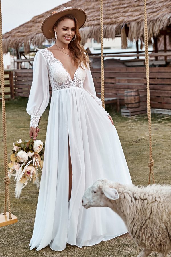 BYG-6 Deep V neckline, long sleeves, slit at skirt hem A-LINE