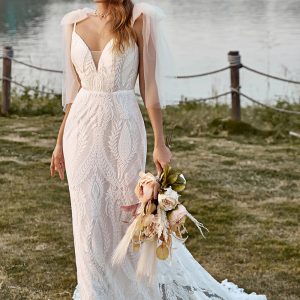 BYG-7 Lace appliqués, deep V neckline, spaghetti straps, mermaid wedding dress
