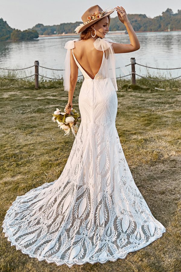 BYG-7 Lace appliqués, deep V neckline, spaghetti straps, mermaid wedding dress - Image 2