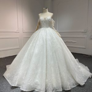 BYG-#Z306-LONG-SLEEVED ONE-SHOULDER PRINCESS-STYLE LUXURIOUS 3D LACE EMBROIDERY MAIN WEDDING DRESS WITH BIG TRAILING TAIL