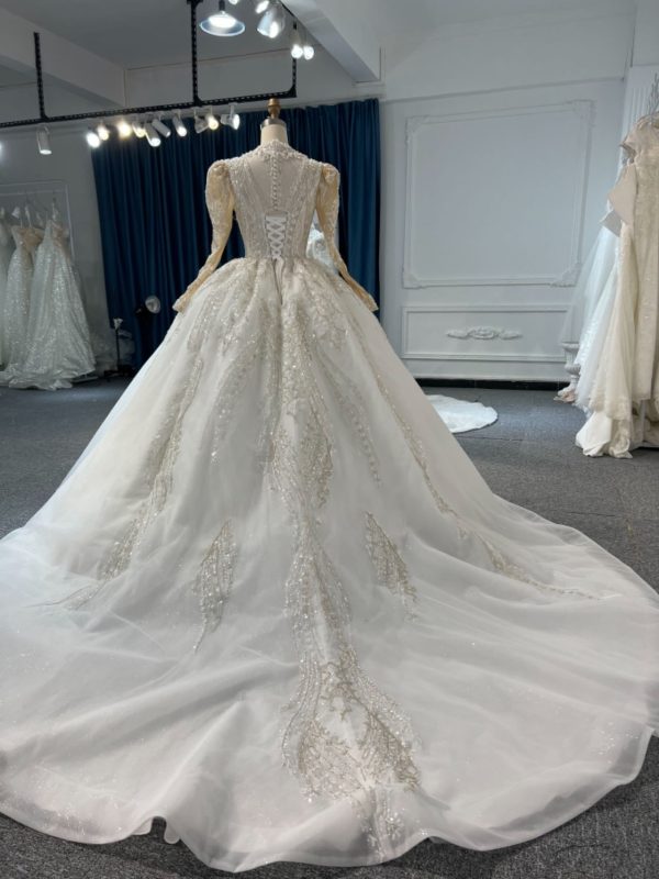 BYG-#Z308-LONG-SLEEVED HIGH-NECK HAND-BEADED SEQUINS LARGE TRAILING TUTU SKIRT WEDDING DRESS - Image 3