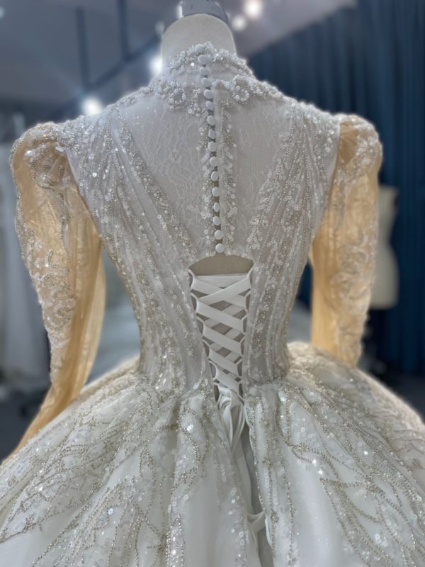BYG-#Z308-LONG-SLEEVED HIGH-NECK HAND-BEADED SEQUINS LARGE TRAILING TUTU SKIRT WEDDING DRESS - Image 5