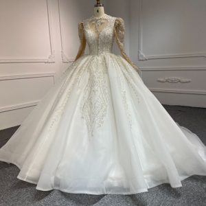 BYG-#Z308-LONG-SLEEVED HIGH-NECK HAND-BEADED SEQUINS LARGE TRAILING TUTU SKIRT WEDDING DRESS