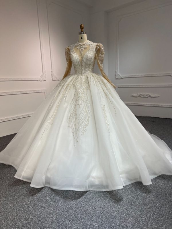 BYG-#Z308-LONG-SLEEVED HIGH-NECK HAND-BEADED SEQUINS LARGE TRAILING TUTU SKIRT WEDDING DRESS