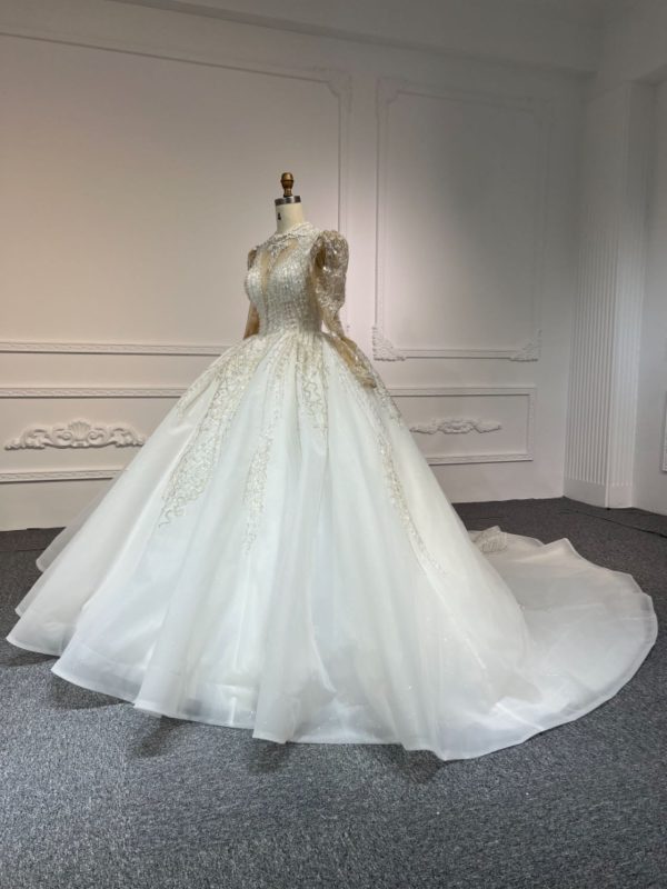 BYG-#Z308-LONG-SLEEVED HIGH-NECK HAND-BEADED SEQUINS LARGE TRAILING TUTU SKIRT WEDDING DRESS - Image 2
