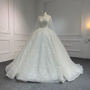 BYG-#Z309-LONG-SLEEVED HIGH-NECK HAND-BEADED SEQUINS LARGE TRAILING TUTU SKIRT WEDDING DRESS