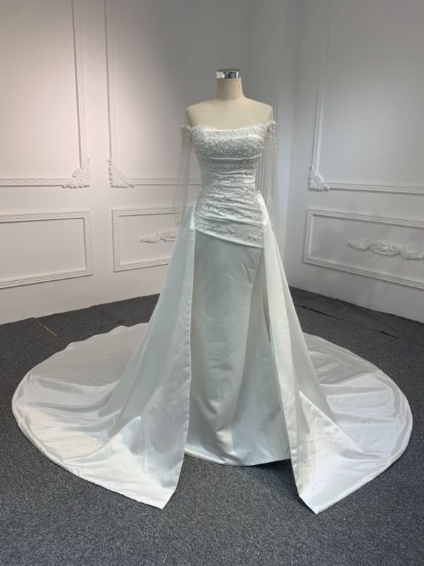 BYG23-25 Long-sleeve premium satin pearl mermaid dress+detachable tail - Image 3
