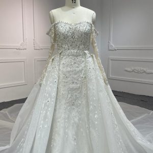 BYG23-38 ONE-SHOULDER LONG-SLEEVED 3D LACE BEADED WEDDING DRESS MERMAID