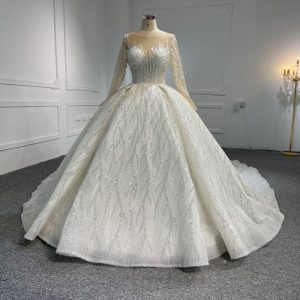 BYG23-44 LUXURY GLITTER LONG SLEEVES WEDDING DRESS WITH 2 METERS TAIL