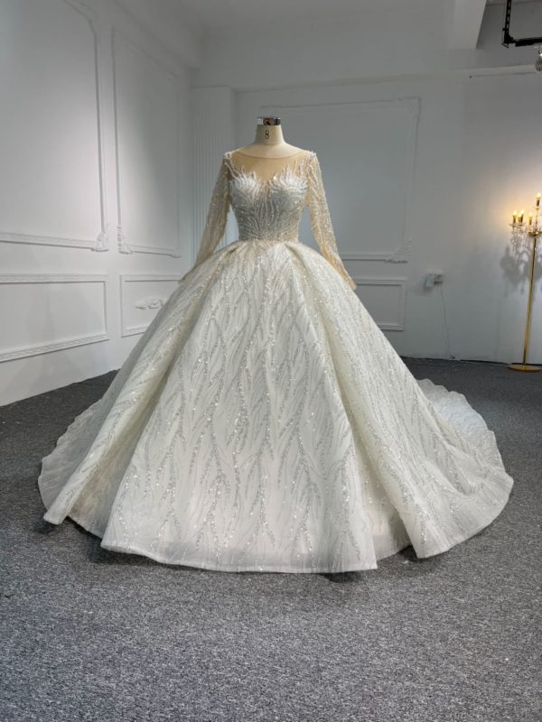 BYG23-44 LUXURY GLITTER LONG SLEEVES WEDDING DRESS WITH 2 METERS TAIL