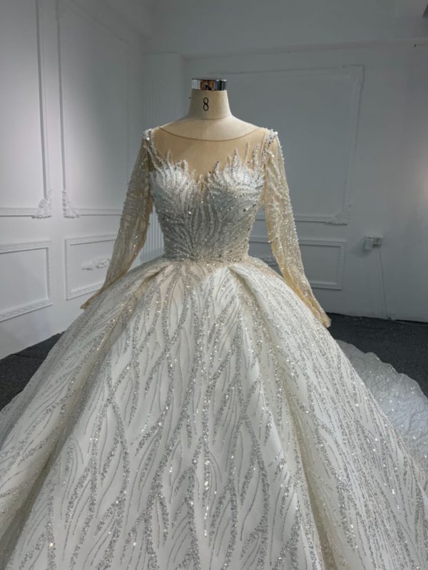 BYG23-44 LUXURY GLITTER LONG SLEEVES WEDDING DRESS WITH 2 METERS TAIL - Image 2