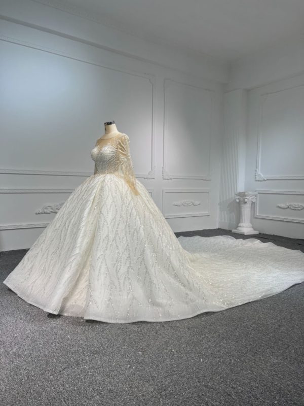 BYG23-44 LUXURY GLITTER LONG SLEEVES WEDDING DRESS WITH 2 METERS TAIL - Image 3
