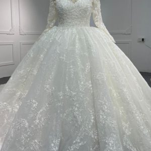 BYG24-1 LONG SLEEVE V-NECK LUXURIOUS BALL GOWN DRESS