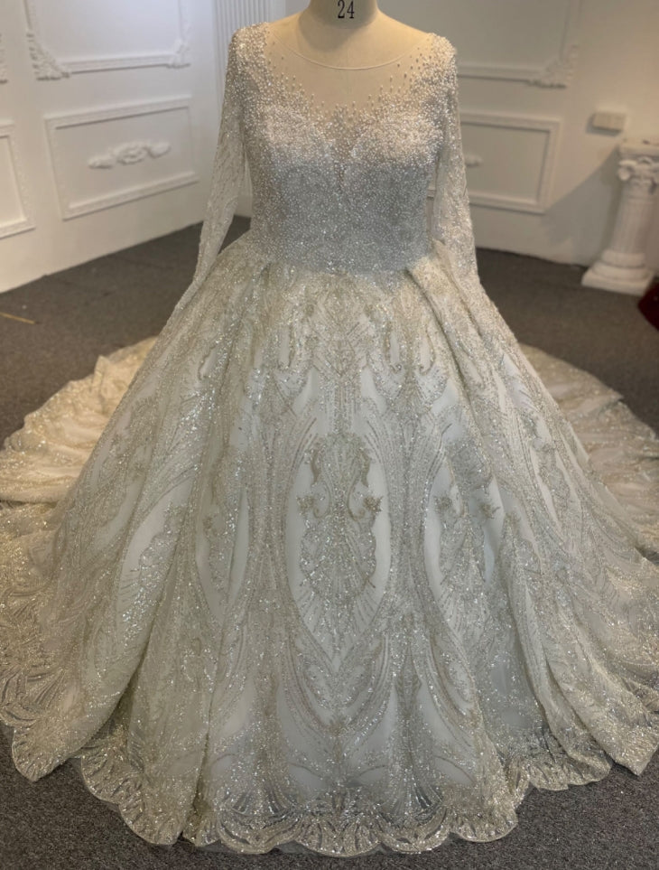 BYG24-10 LONG-SLEEVED HEAVY BEADED WITH SEQUINS WEDDING DRESS - Image 4