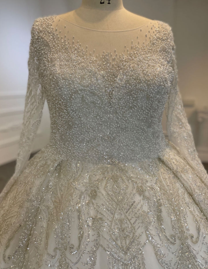 BYG24-10 LONG-SLEEVED HEAVY BEADED WITH SEQUINS WEDDING DRESS - Image 2