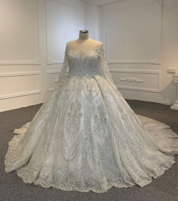 BYG24-10 LONG-SLEEVED HEAVY BEADED WITH SEQUINS WEDDING DRESS